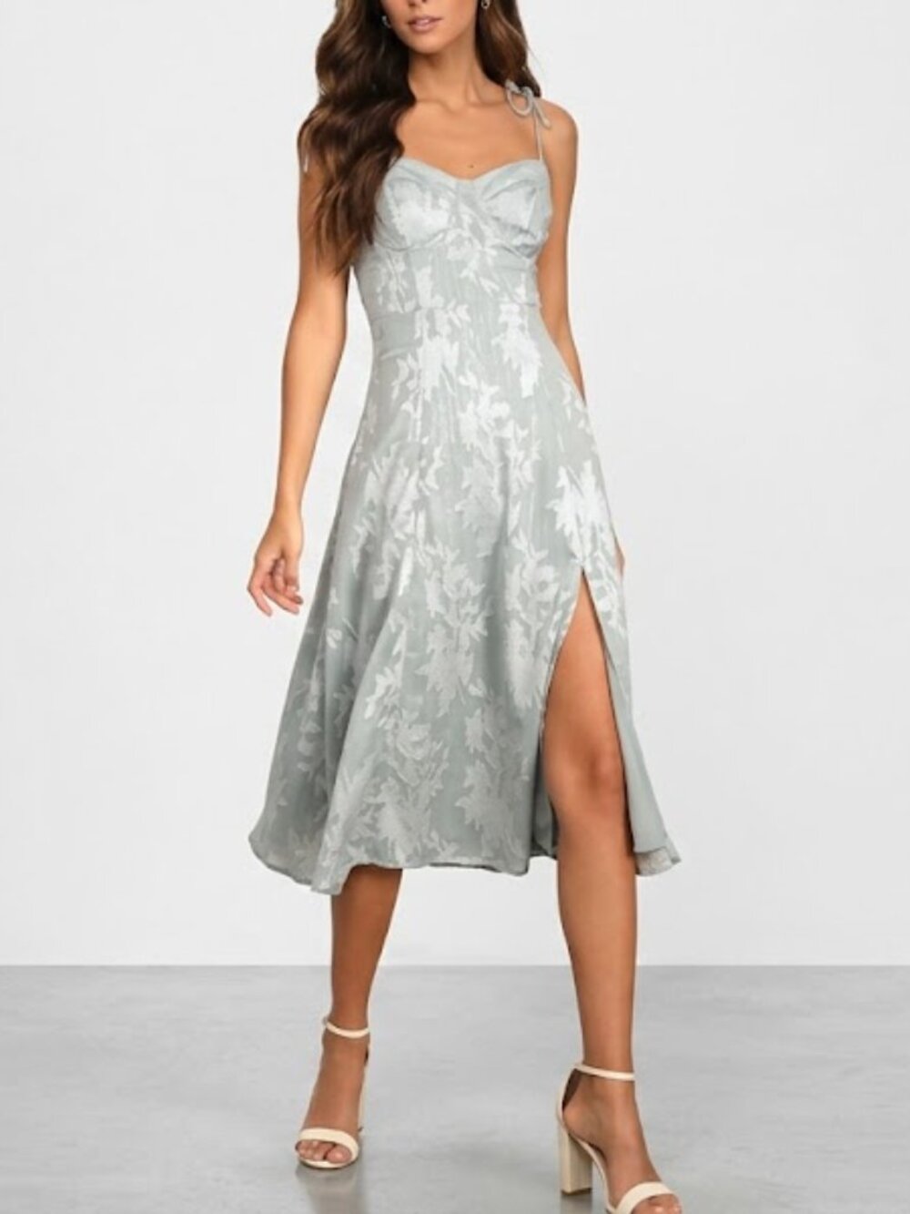 NWT  Lulus Blue Floral Jacquard Sweetheart Midi Dress XS Slit Tie Strap Smocked